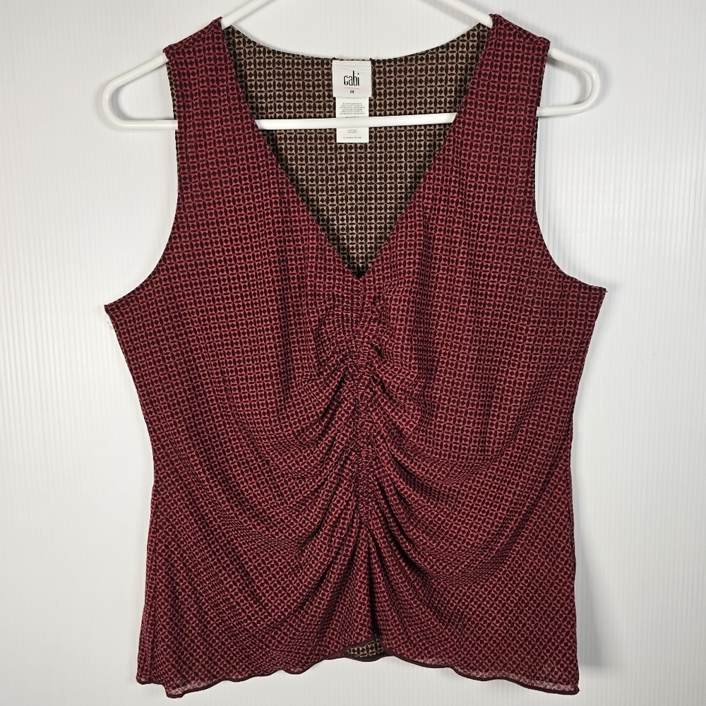 NWOT Cabi Women's Reversible Red/Brown Geo Print Ruched Sleeveless Tank Size M - Picture 1 of 11